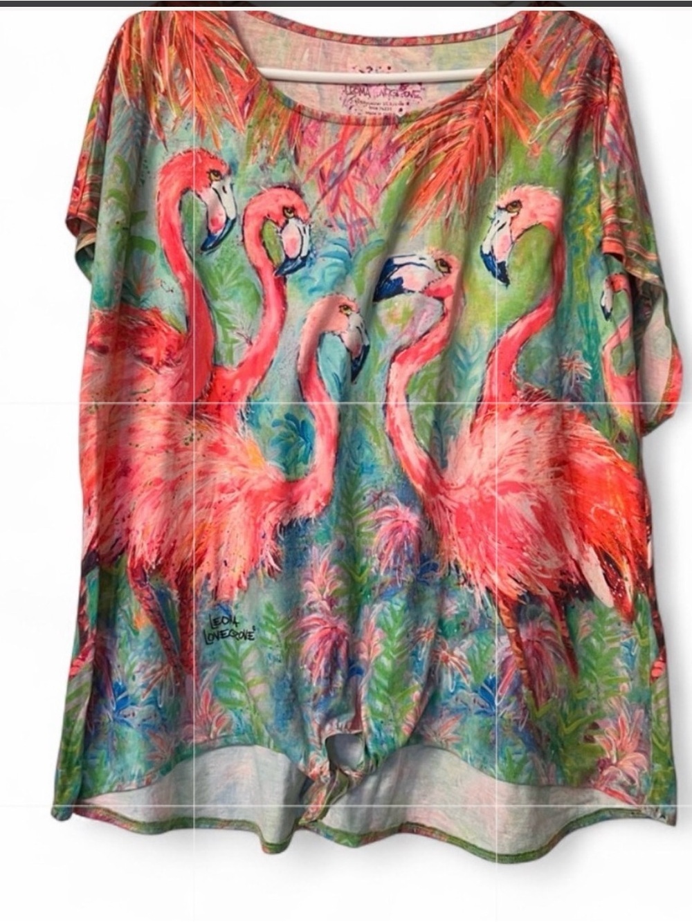 Leona Lovegrove Women's Pink Flamingo Print Scoop Neck Top SZ L